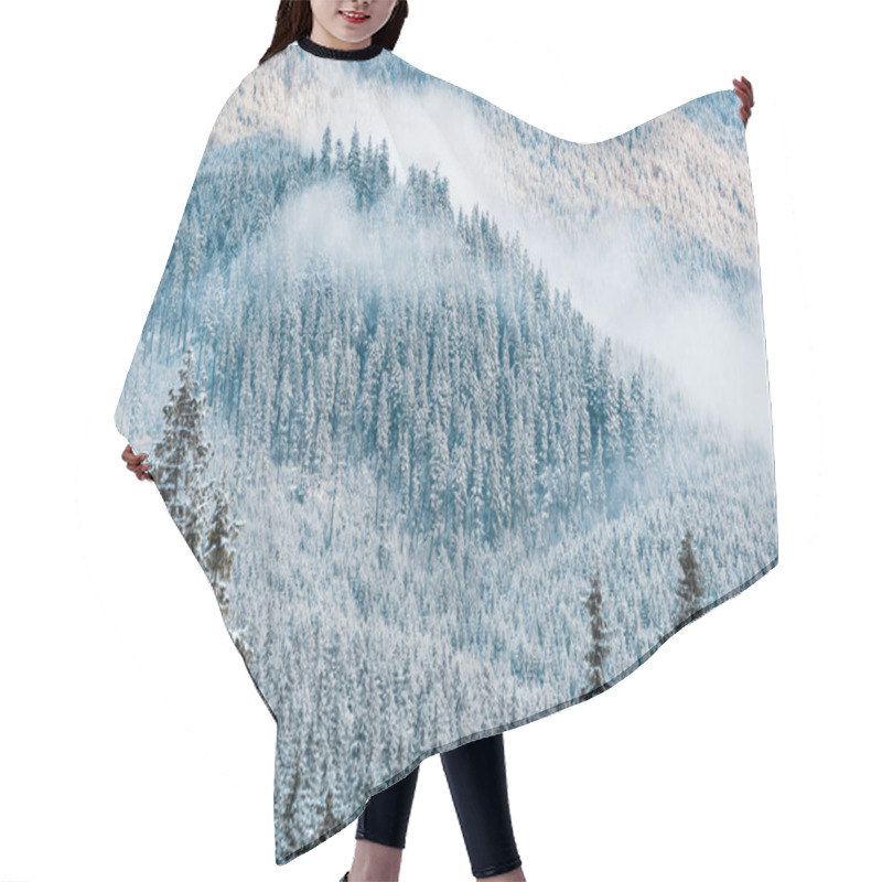 Personality  Scenic View Of Snowy Pine Trees And White Fluffy Clouds In Mountains Hair Cutting Cape