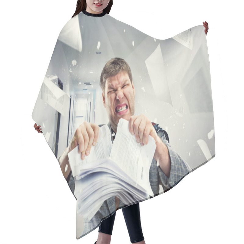 Personality  Stressed Businessman Tearing Out Stack Hair Cutting Cape