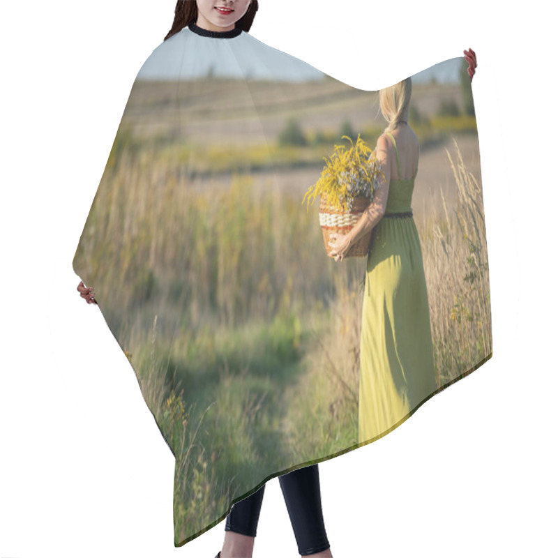 Personality  A Young Herbalist Stands By A Dirt Road With A Basket Full Of Herbs. Collecting Herbs. Hair Cutting Cape