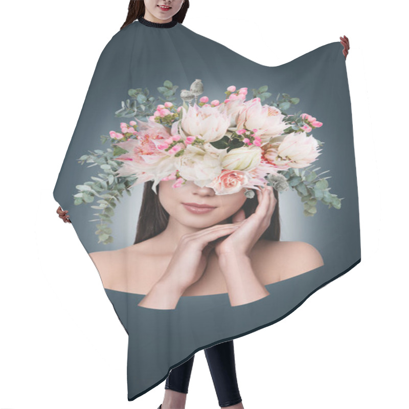 Personality  Creative Banner Collage Of Magic Mystic Lady Dryad Meadow Princess Touching Face On Dark Color Background. Hair Cutting Cape