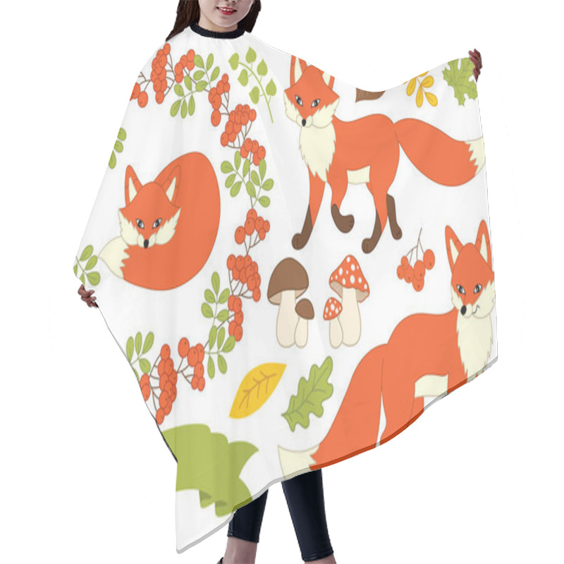 Personality  Vector Autumn Set With Foxes, Plants And Ribbon Hair Cutting Cape