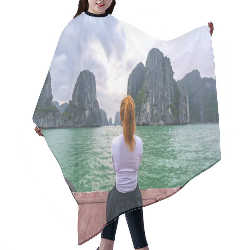 Personality  Back View Woman Traveler Sitting On Boat Looking Relaxed Among The Islands At Halong Bay, Vietnam. Hair Cutting Cape