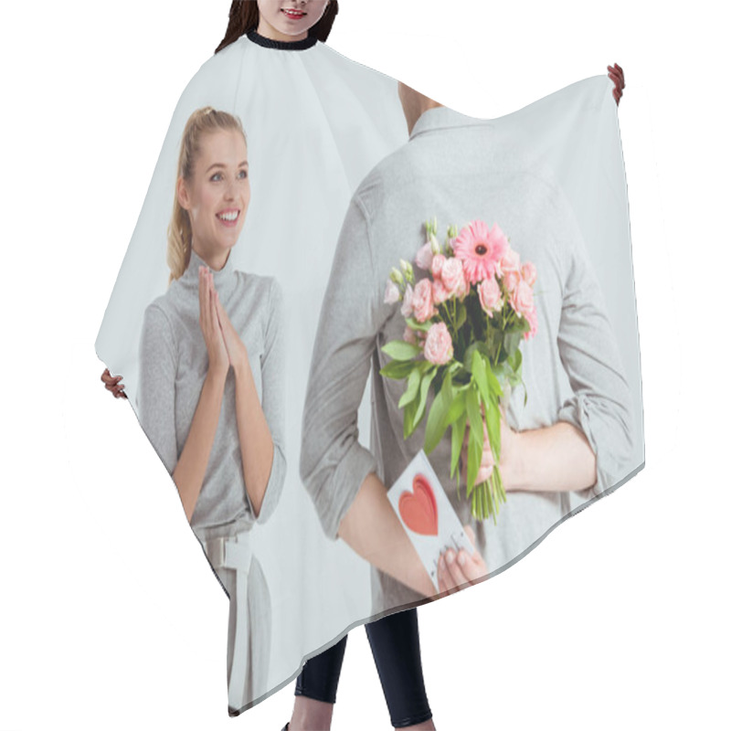 Personality  Woman With Folded Hands Looking At Man Hiding Flower Bouquet And Valentines Greeting Card Behind Back Isolated On Grey Hair Cutting Cape