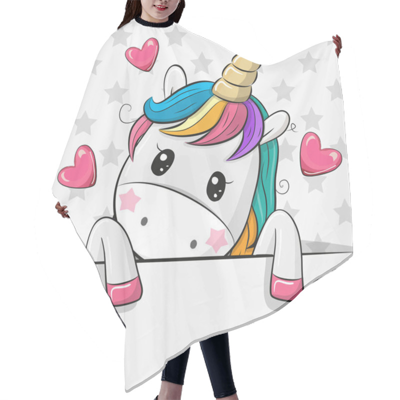 Personality  Cute Cartoon Unicorn Is Holding A Placard On A Stars Background Hair Cutting Cape