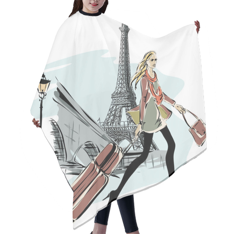 Personality  Fashion Models With Luggage In Sketch Style And Paris City Background Hair Cutting Cape