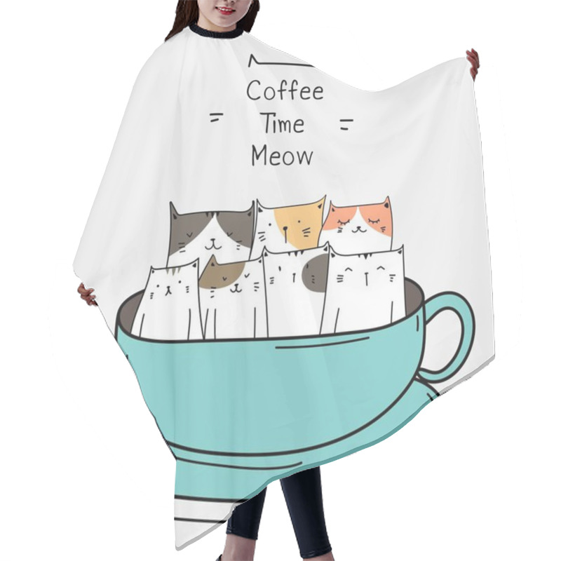 Personality  Cute Cats In The Cup. Coffee Time Vector Illustration. Hair Cutting Cape