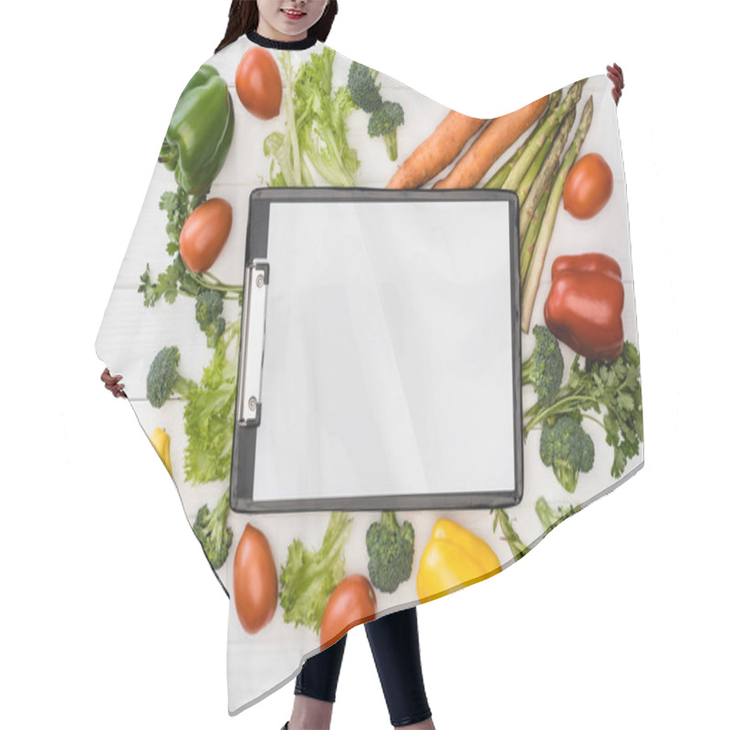 Personality  Top View Of Fresh Ripe Vegetables And Fruits Near Empty Clipboard On Wooden White Background Hair Cutting Cape