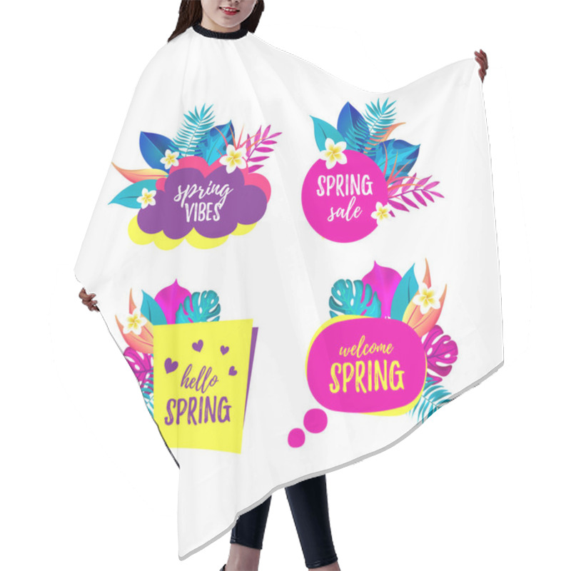 Personality  Vector Set Of Hello Spring, Spring Vibes, Sale, Welcome Spring 3D Speech Bubble. Realistic Banner With Pink Palm Leaves And Spa Flower. Speaking Bubble In Different Shapes Hair Cutting Cape