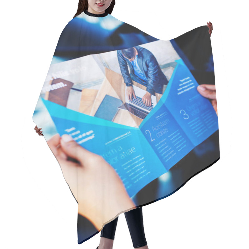 Personality  Hands Holding A Business Brochure, Close Up Hair Cutting Cape