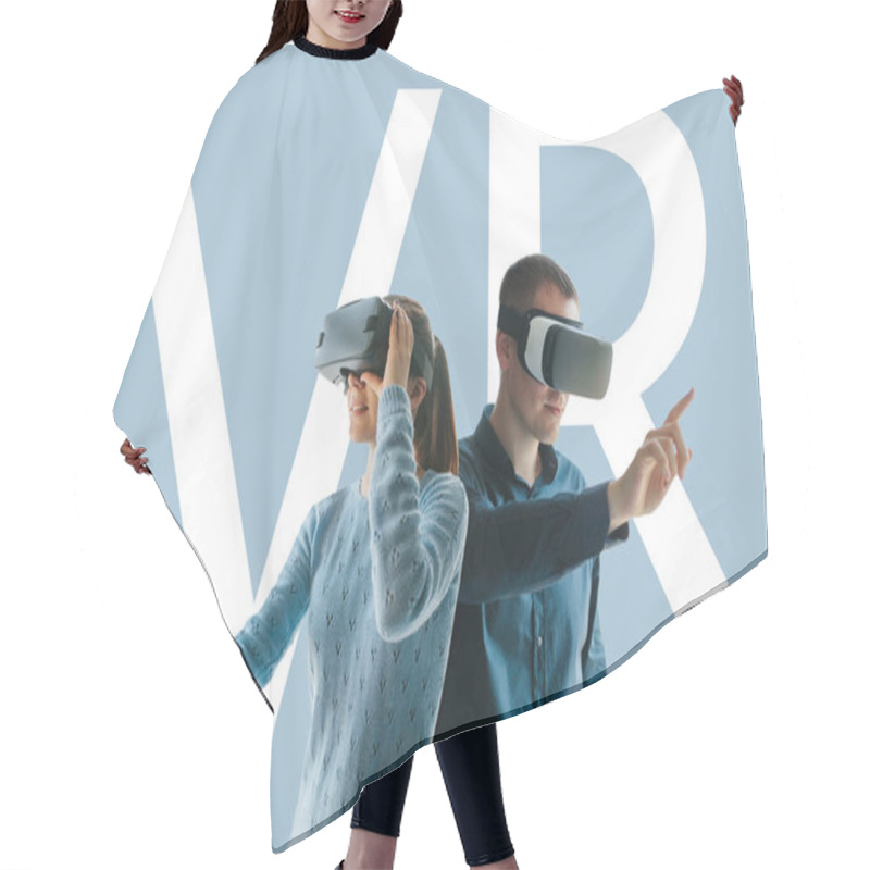 Personality  A Young Man And A Young Woman In Glasses Of Virtual Reality. The Concept Of Modern Technologies And Technologies Of The Future. VR Glasses Hair Cutting Cape