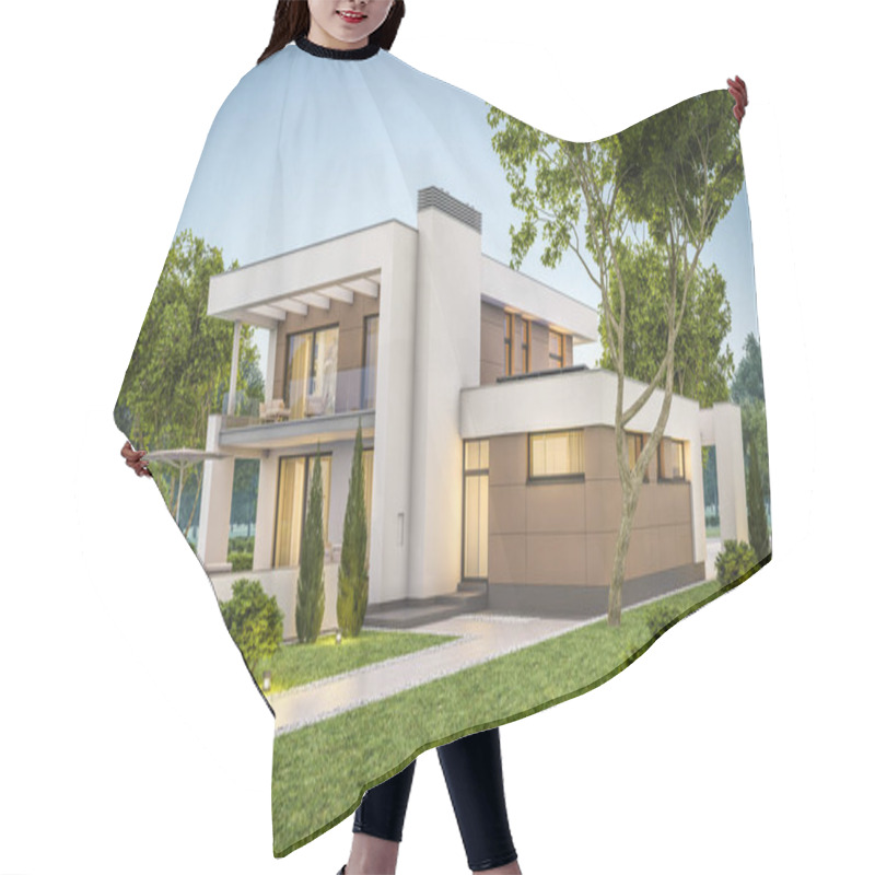 Personality  3d Rendering Of Modern House At Evening Hair Cutting Cape