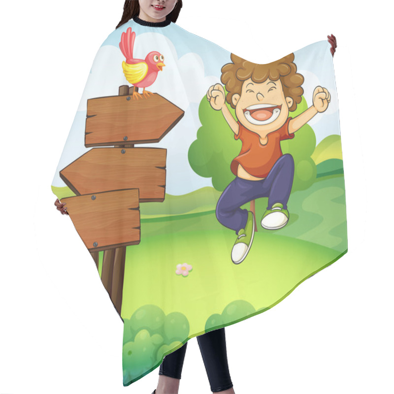 Personality  A Happy Young Boy Beside The Three Wooden Arrows Hair Cutting Cape