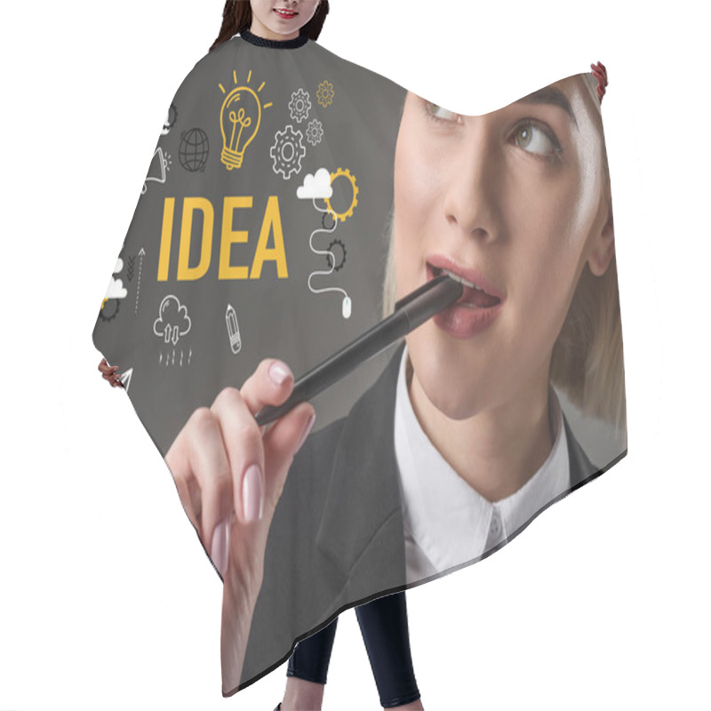 Personality  Portrait Of Beautiful Young Businesswoman With Pen And Idea Icons, Isolated On Grey Hair Cutting Cape