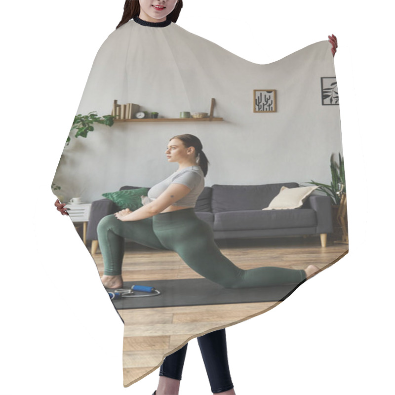 Personality  A Sporty Woman Stretches Gracefully In Her Living Room, Enjoying A Balanced Workout Routine In Comfortable Attire. Hair Cutting Cape