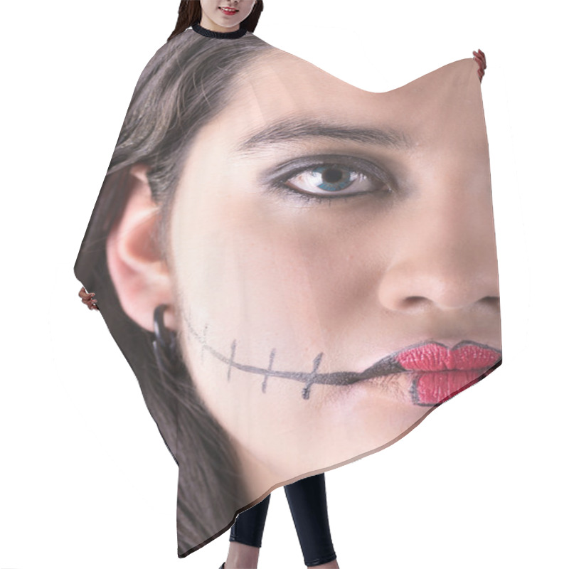 Personality  Young Woman In Day Of The Dead Mask Skull Face Art. Hair Cutting Cape