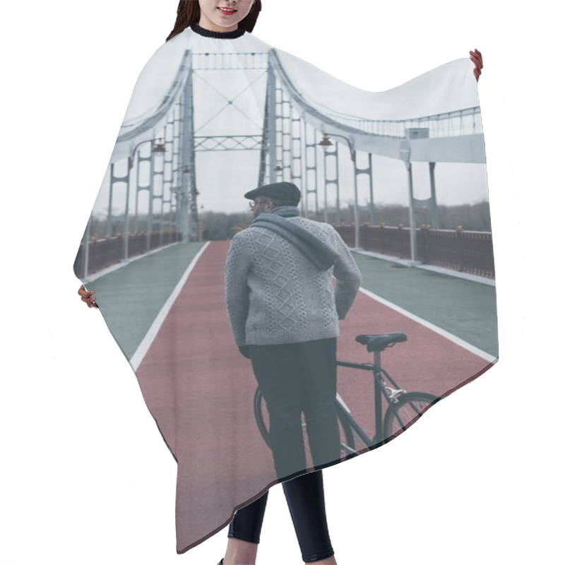 Personality  Back View Of Stylish Man With Bicycle Standing On Pedestrian Bridge Hair Cutting Cape