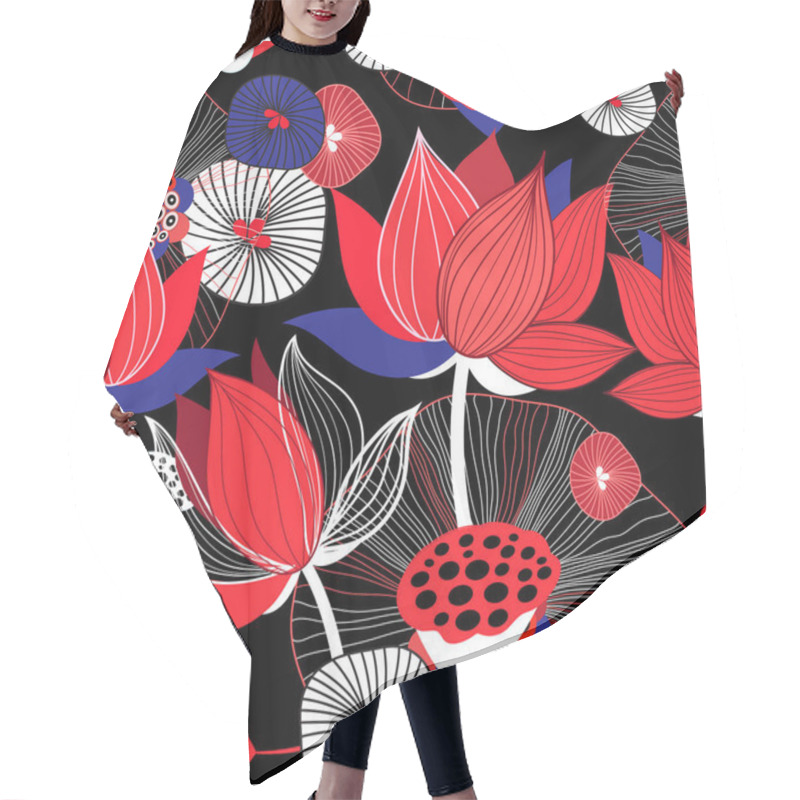 Personality  Seamless Bright Floral Background With Red Lotuses And Leaves On Dark Background Hair Cutting Cape