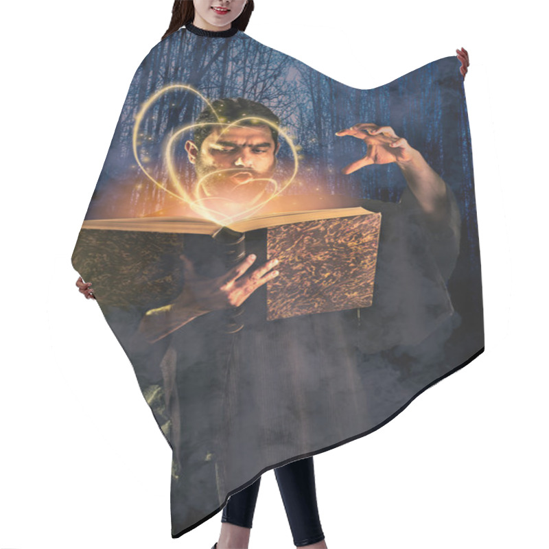 Personality  Male Sorcerer Casting A Spell From A Magic Book As Halloween Ima Hair Cutting Cape