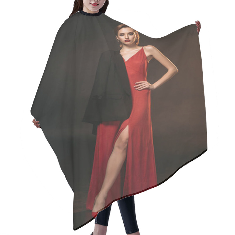 Personality  Attractive Girl In Red Dress And Black Jacket On One Shoulder Posing Isolated On Black Hair Cutting Cape