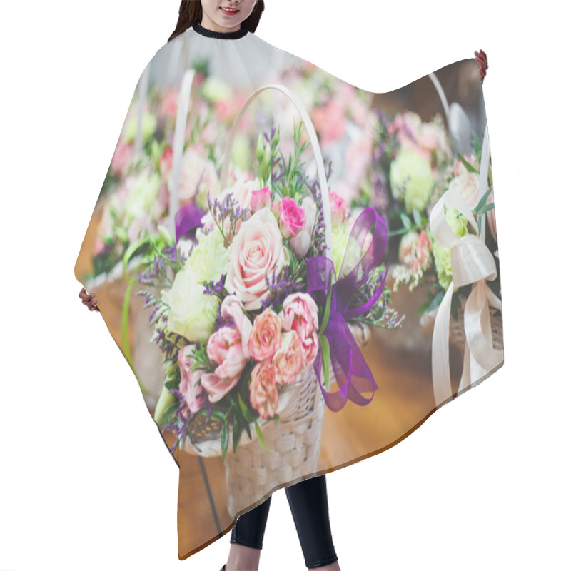 Personality  Florist Workplace: Pretty Bouquets In A Baskets On A Background Of Flowers And Accessories. Soft Focus Hair Cutting Cape