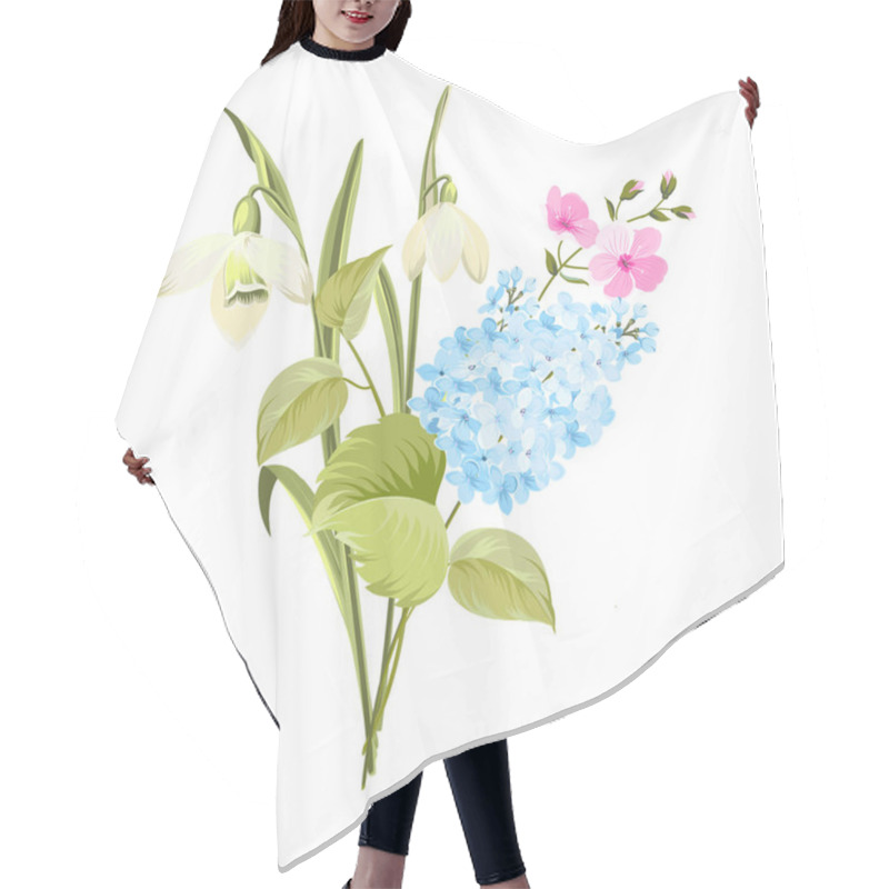 Personality  Spring Time Concept Of Card With Blooming Flowers Isolated Over White Background. Hair Cutting Cape