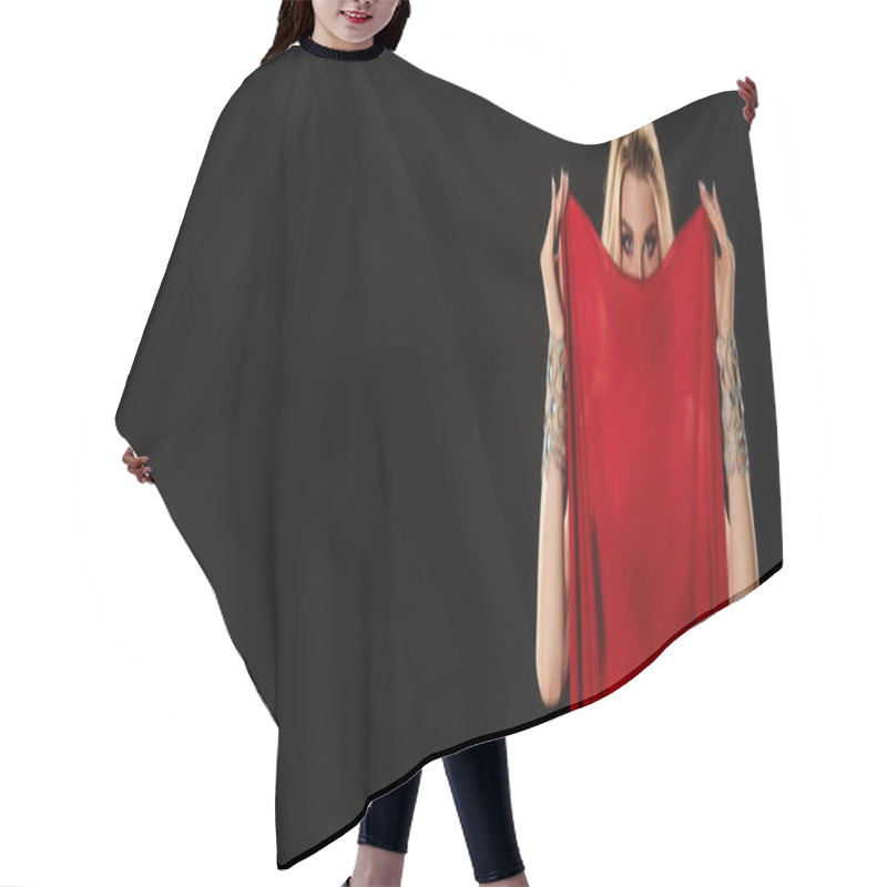 Personality  Woman In Red Dress Hides Her Face. Hair Cutting Cape