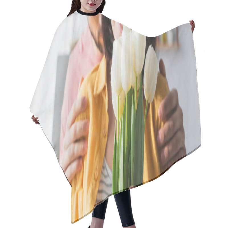 Personality  Partial View Of Young Man Hugging Girlfriend With Bouquet Of Flowers In Kitchen, Banner Hair Cutting Cape