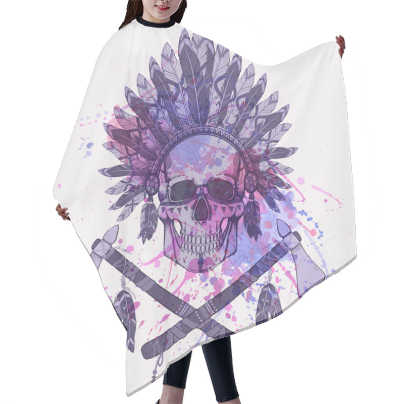 Personality  Vector Grunge Illustration Of Human Skull In Native American Indian Chief Headdress, Tomahawks With Watercolor Splash Hair Cutting Cape