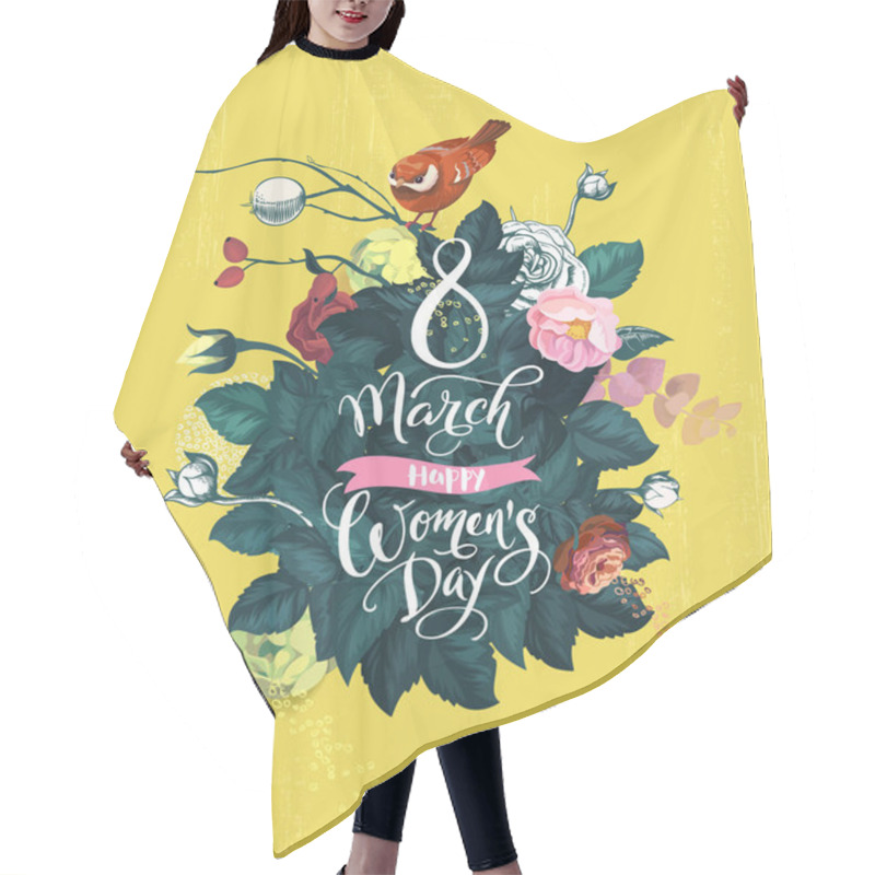 Personality  8 March, Happy Womens Day. Handwritten Lettering, Bush With Thick Green Foliage, Multicolored Rose Flowers And Small Birdie Against Yellow Background. Beautiful Greeting Card. Vector Illustration. Hair Cutting Cape