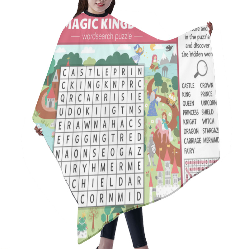 Personality  Vector Fairytale Wordsearch Puzzle For Kids. Simple Magic Kingdom Crossword With Fantasy Creatures For Children. Activity With Knight, Castle, Princess, Unicorn. Fairy Tale Cross Wor Hair Cutting Cape