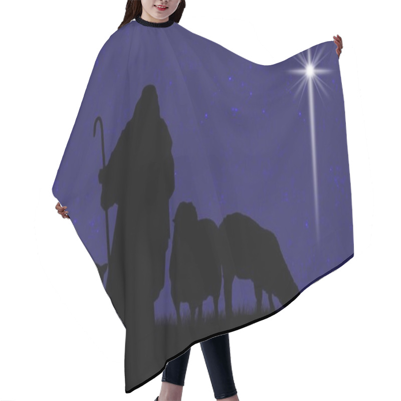 Personality  Silhouette Of Shepherd And Sheep With A Bright Star In The Sky Hair Cutting Cape