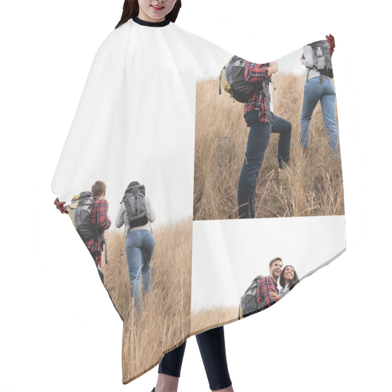 Personality  Collage Of Smiling Multiethnic Couple Walking With Backpacks On Grassy Hill  Hair Cutting Cape