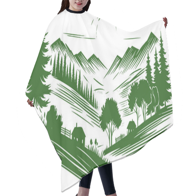 Personality  Illustration Of Natural Landscape With Mountains Forest And Rising Sun Silhouette Drawing Hair Cutting Cape