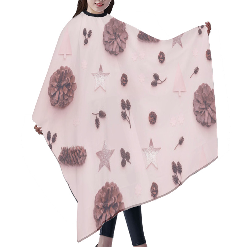 Personality  Christmas Composition. Pattern Made Of Christmas Pine Cones, Shiny Stars And Xmas Trees On Pastel Pink Background. Flat Lay, Top View. Hair Cutting Cape