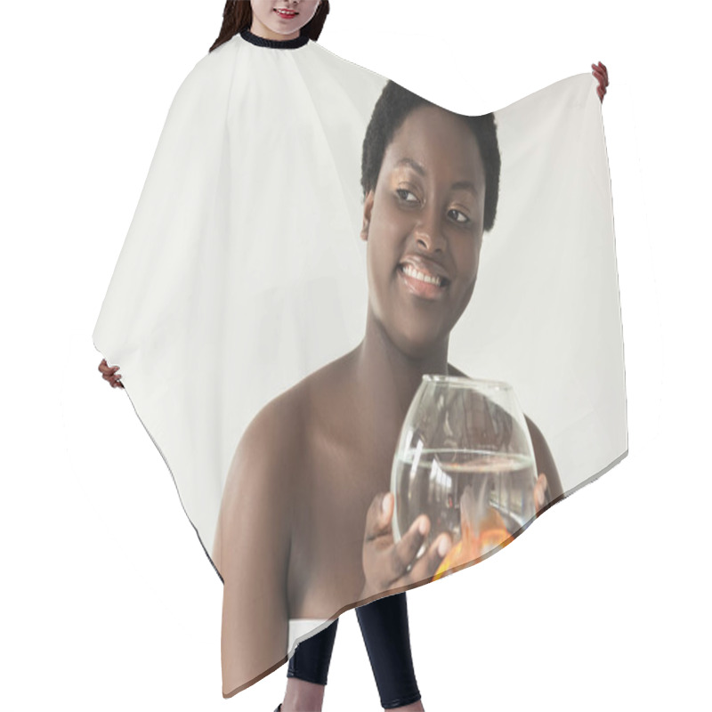 Personality  Smiling African American Girl Holding Aquarium With Fish Isolated On Grey Hair Cutting Cape