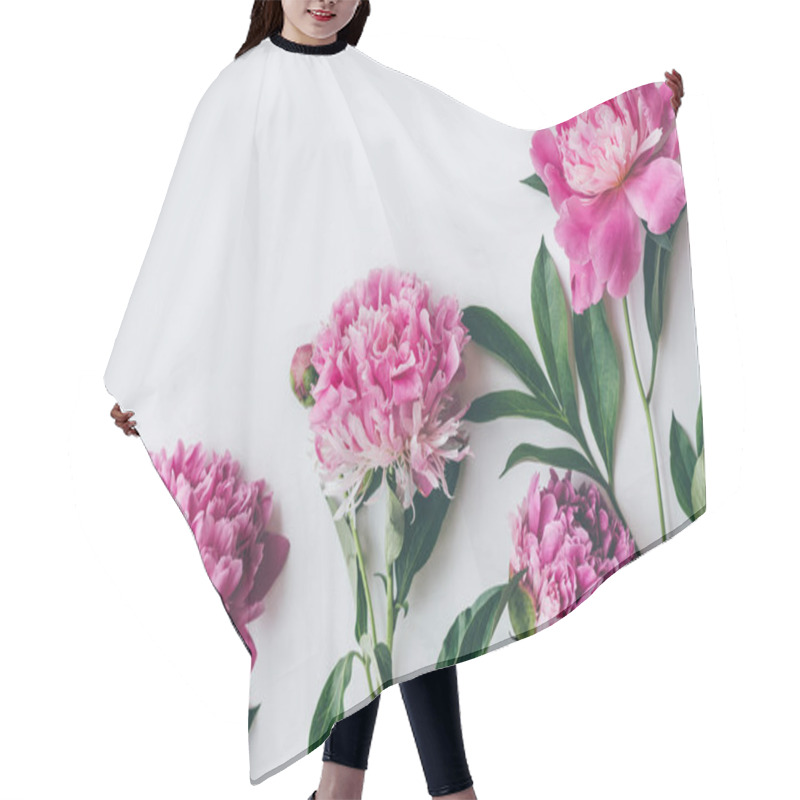 Personality  Top View Of Fresh Pink Peony Flowers With Leaves Isolated On White Hair Cutting Cape