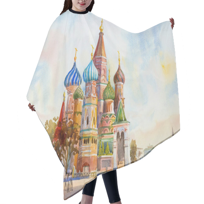 Personality  Kremlin And Cathedral Of St. Basil In The Red Square Russia. The Main Tourist Attraction In Moscow.  Painting Landscape Watercolor Illustration, Beautiful Season Summer And Family Tour. Hair Cutting Cape