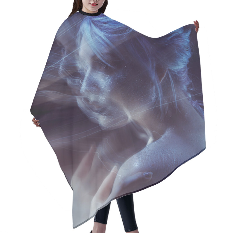 Personality  Ghostly Woman, Soul. Portrait Of A Movement Effect, Creative Body Art On Theme Space And Stars. Hair Cutting Cape