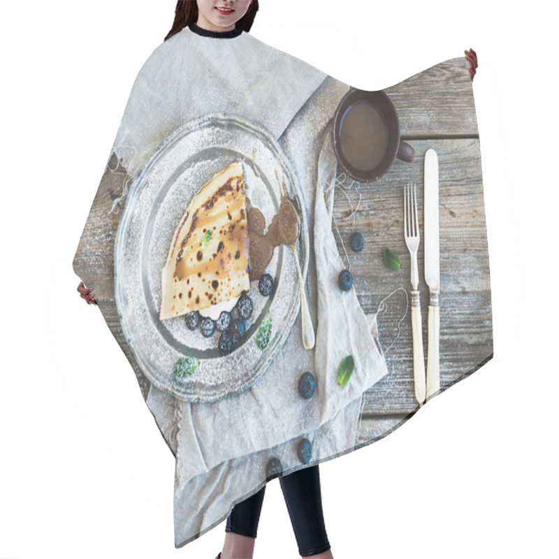 Personality  Thin Pancake Or Crepe With Fresh Blueberry, Cream, Mint, And Salty Caramel Sauce In Vintage Metal Plate Over Rustic Wooden Backdrop Hair Cutting Cape