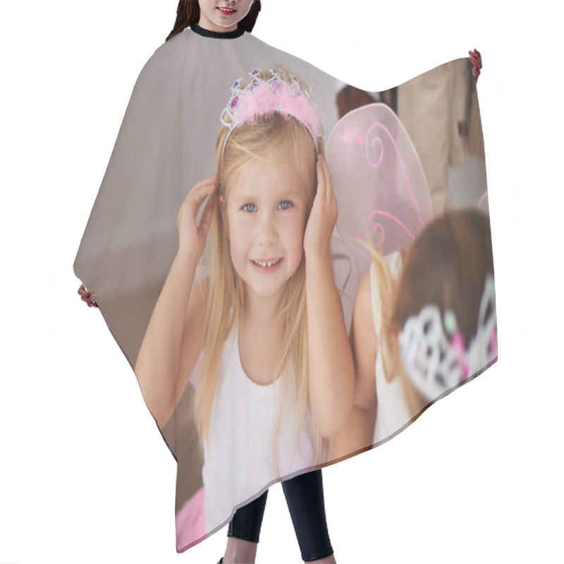 Personality  Having Fun In Imagination Land. Cropped Shot Of Little Girls Wearing Fairy Princess Costumes. Hair Cutting Cape