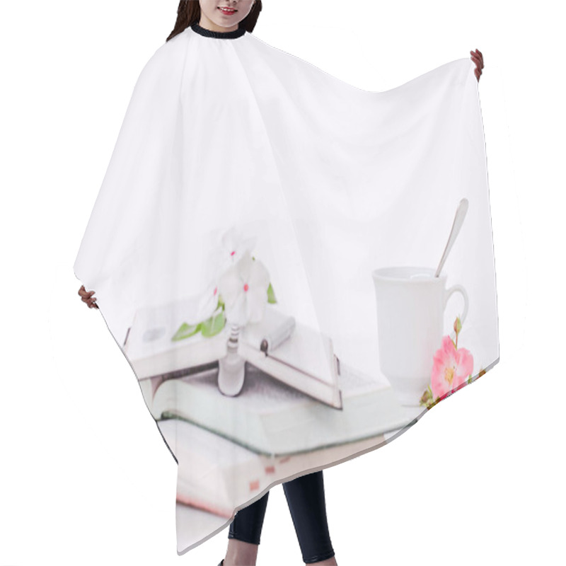 Personality  Open Book With Flowers And Coffee In The Morning. Hair Cutting Cape