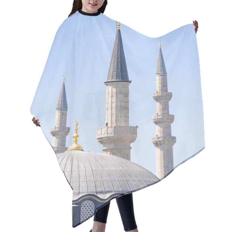 Personality  Roof Of Mosque And Three Minarets, Turkish Religious Landmark. Islam Concept. Clear Blue Sky. Hair Cutting Cape