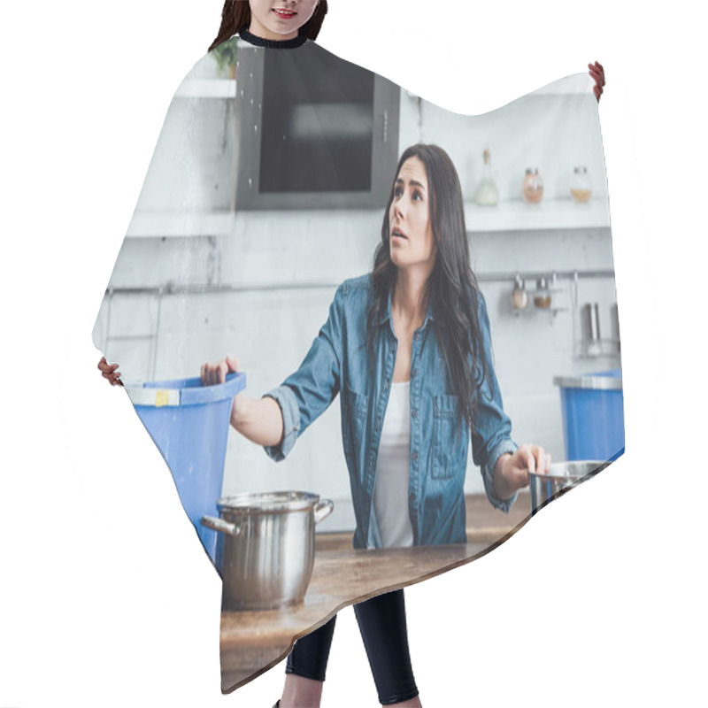 Personality  Confused Brunette Woman Dealing With Water Damage In Kitchen Hair Cutting Cape