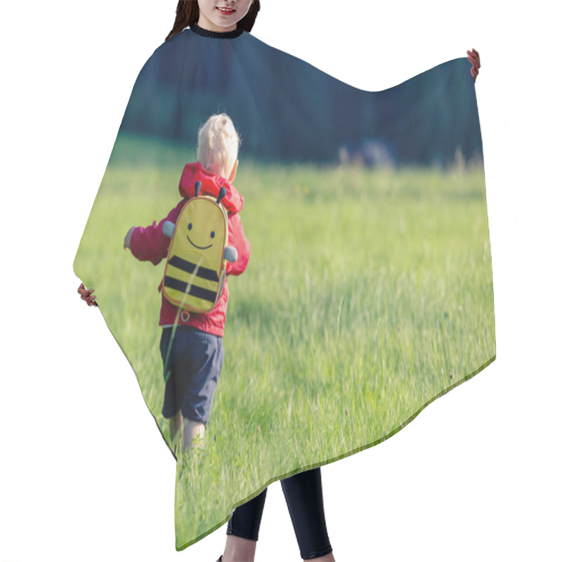 Personality  Baby Boy Hiking With Backpack On Green Meadow. Young Child On Vacations Hike. Inspirational Travel And Tourism Concept. Hair Cutting Cape