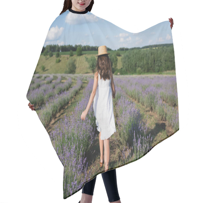 Personality  Back View Of Girl In White Dress And Straw Hat Walking In Meadow With Flowering Lavender Hair Cutting Cape