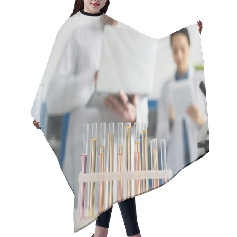 Personality  Selective Focus Of Test Tubes Near Scientists With Gadgets On Blurred Background Hair Cutting Cape