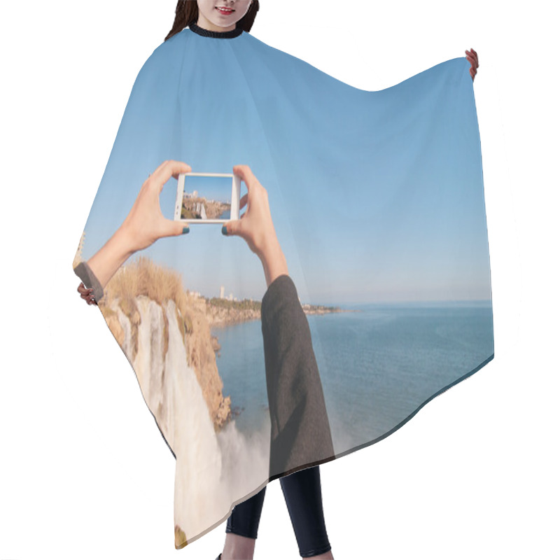 Personality  Woman Taking Photo Of Duden Waterfall Hair Cutting Cape