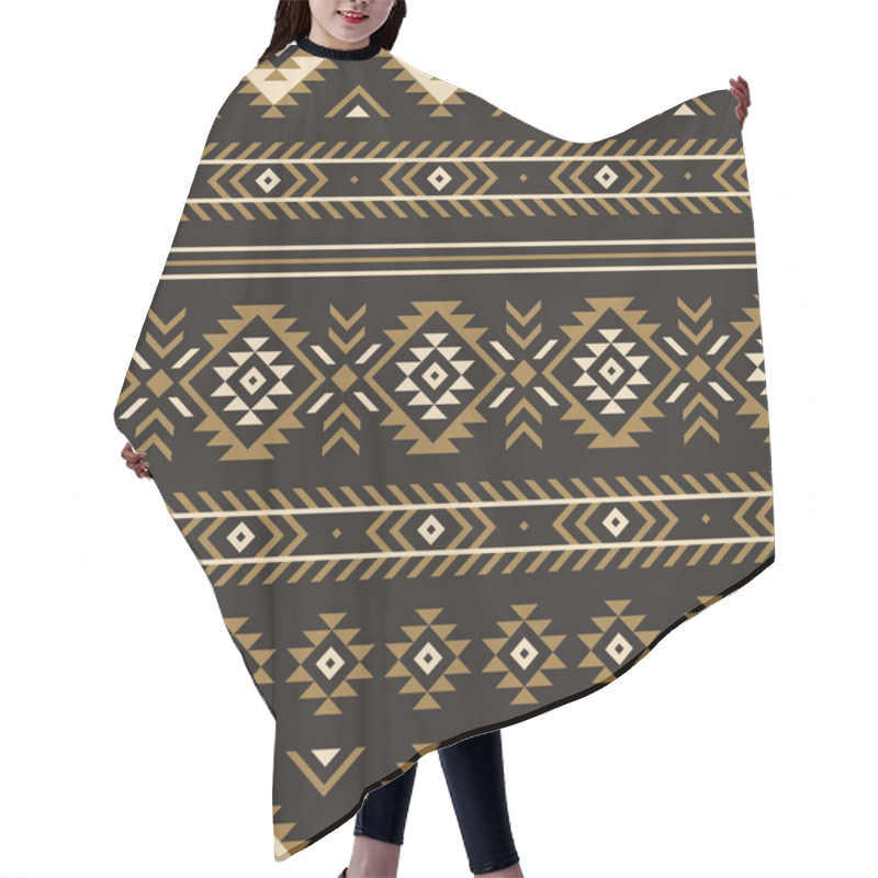 Personality  Boho Pattern Vector. Dark Aztec Native Stripes Graphic In Luxury Gold And Black For Trousers, Shorts, Or Other Summer And Autumn Navajo Textile And Paper Print. Traditional Tribal Design. Hair Cutting Cape