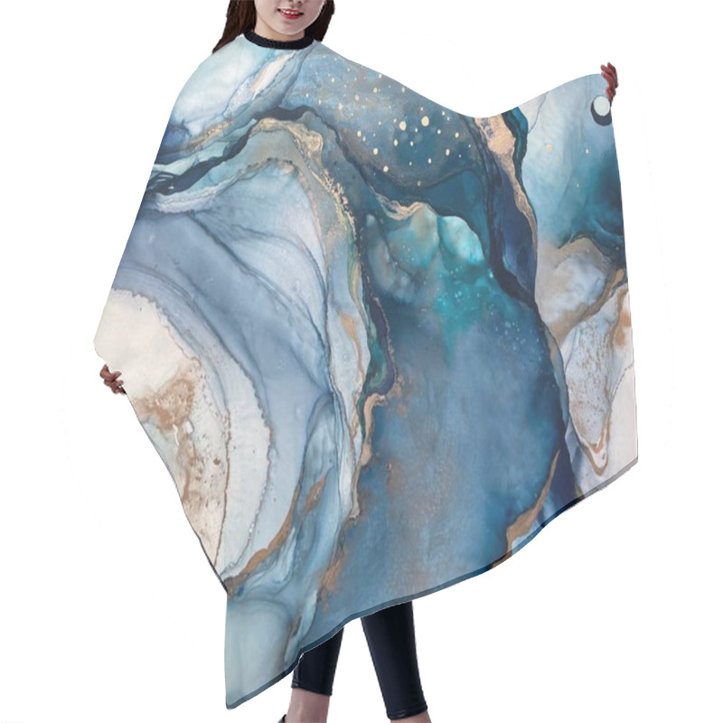 Personality  Abstract Blue Background With Beautiful Smudges And Stains Made With Alcohol Ink And Gold Pigment. Blue Colored Fragment With Texture Resembles Watercolor Or Aquarelle Painting. Hair Cutting Cape