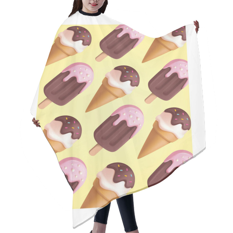 Personality  Soft 3D Vector Illustration Of Ice Cream Cones And Popsicles With Chocolate And Sprinkles On A Yellow Background, Forming A Seamless Pattern, Ideal For Summer And Dessert Designs Hair Cutting Cape